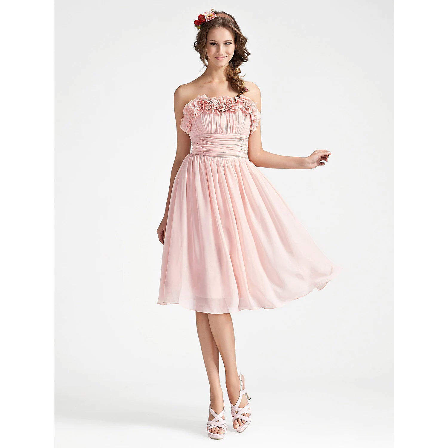 Ballkleid, Cocktailkleid, knielang, ärmellos, trägerlos, Chiffon mit gerüschter, drapierter Blume